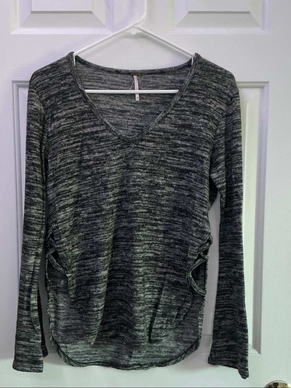 Poof! Black and Gray Marled V-Neck Long Sleeve Top with Side Cutouts